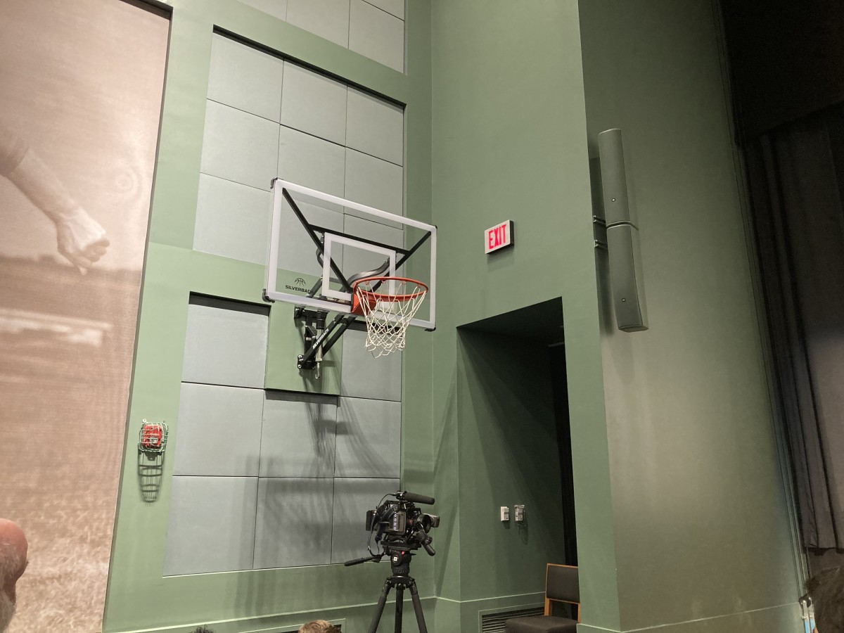 The baketball net inside the Eagles' auditorium at NovaCare Complex