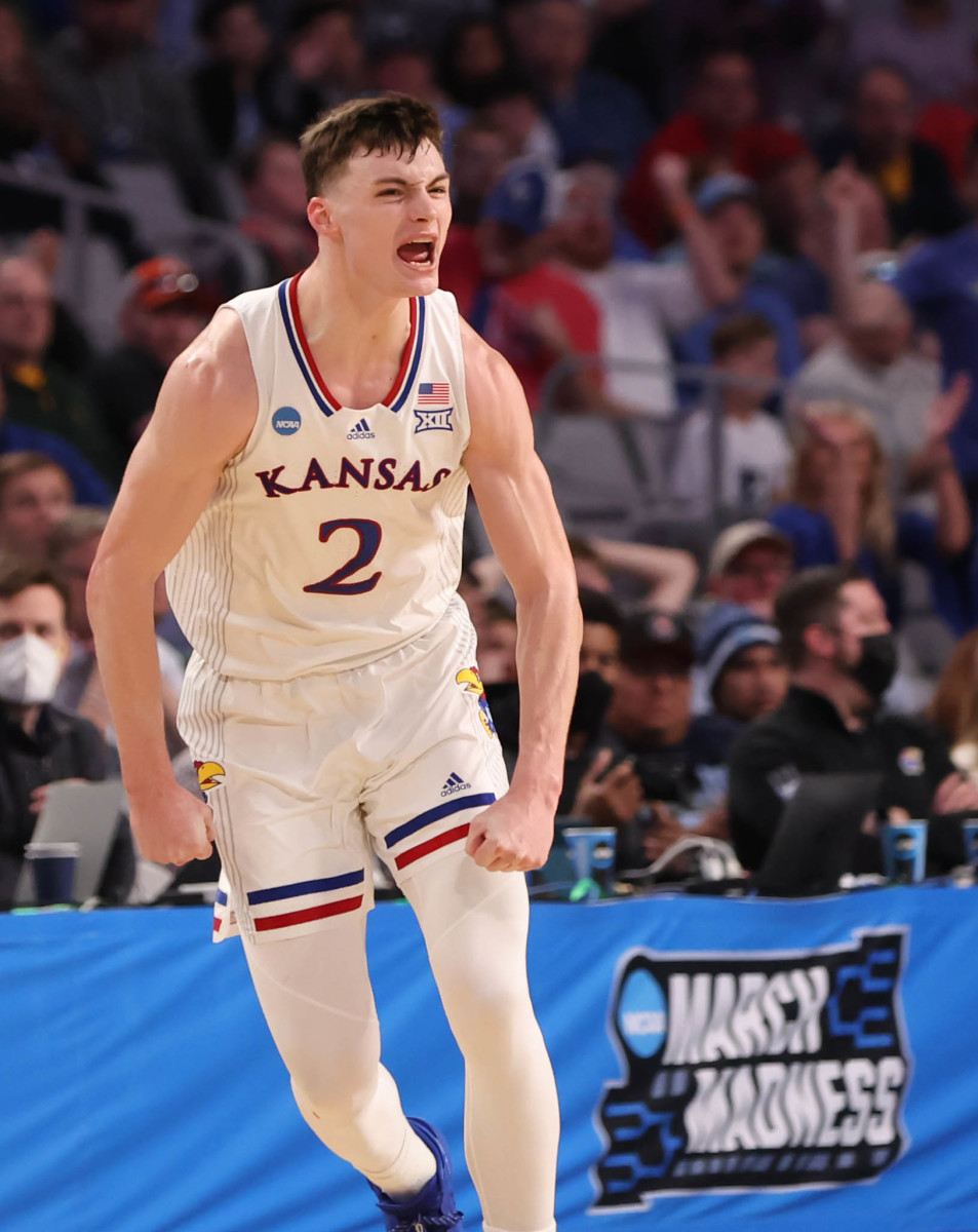 Mar 19, 2022; Fort Worth, TX, USA; Kansas Jayhawks guard Christian Braun (2) reacts after a basket against the Creighton Bluejays during the second round of the 2022 NCAA Tournament at Dickies Arena. Mandatory Credit: Kevin Jairaj-USA TODAY Sports