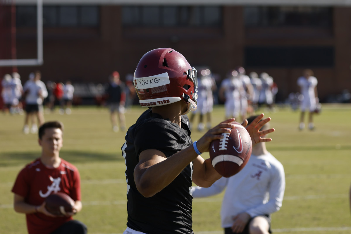 Alabama quarterback Bryce Young prepares to throw a pass during practice.