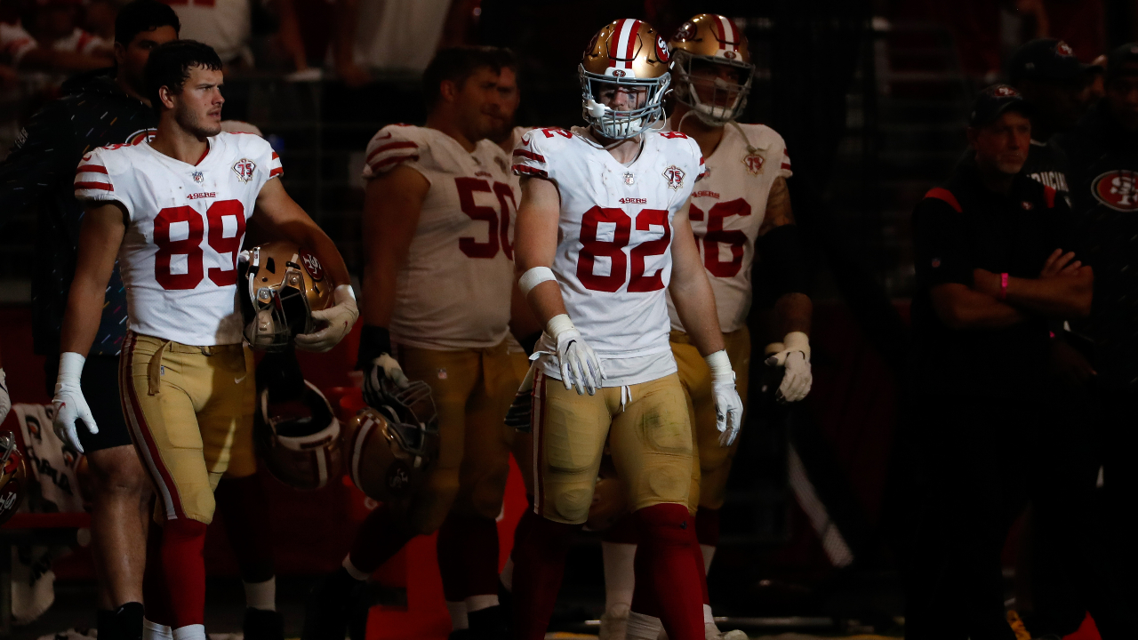 San Francisco 49ers tight end Ross Dwelley (82) during the first