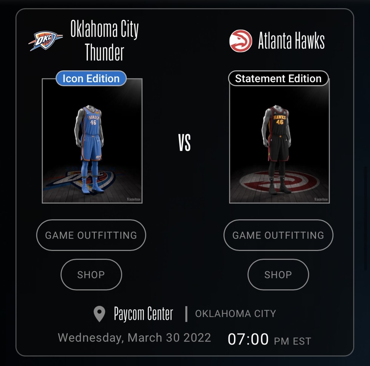 Uniforms for the game between the Oklahoma City Thunder and Atlanta Hawks on March 30, 2022.