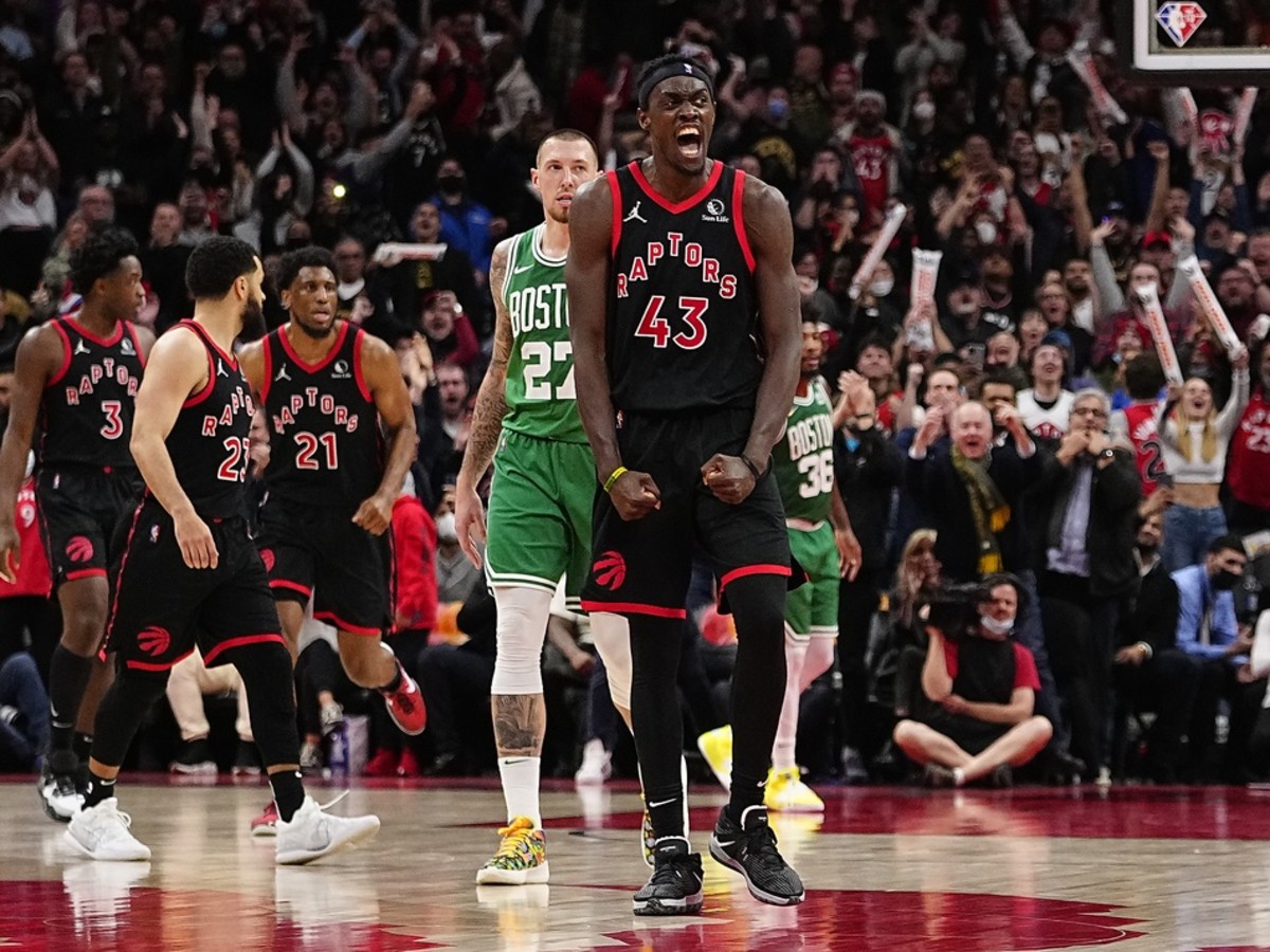 Toronto Raptors forward Pascal Siakam (43) reacts after a basket against the Boston Celtics during overtime at Scotiabank Arena