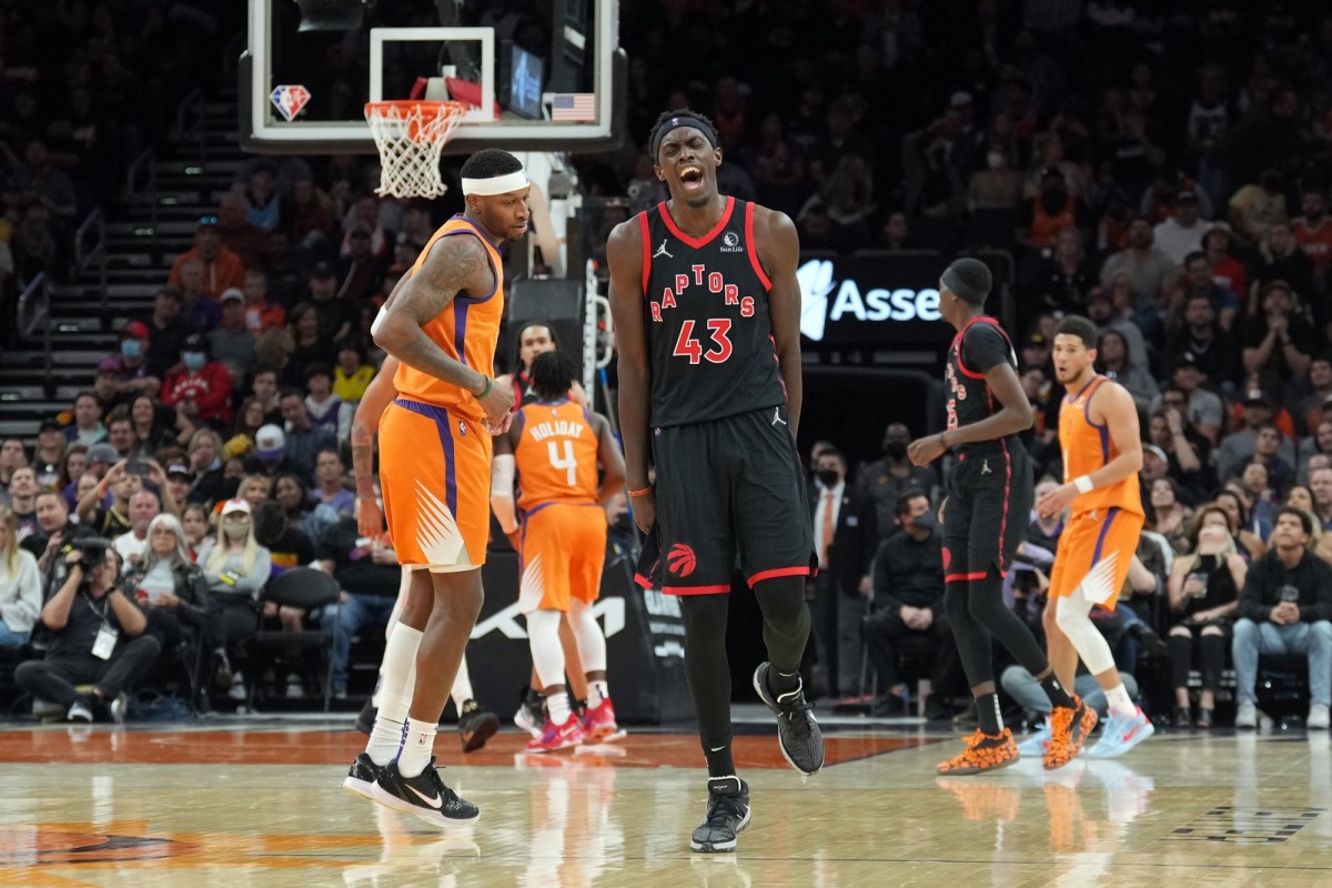 Toronto Raptors forward Pascal Siakam (43) reacts after making a basket against the Phoenix Suns during the second half at Footprint Center