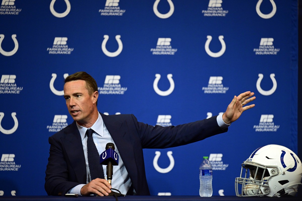 Indianapolis Colts Quarterback Matt Ryan (2) holds a press conference to announce his joining of the team at Indiana Farm Bureau Football Center.