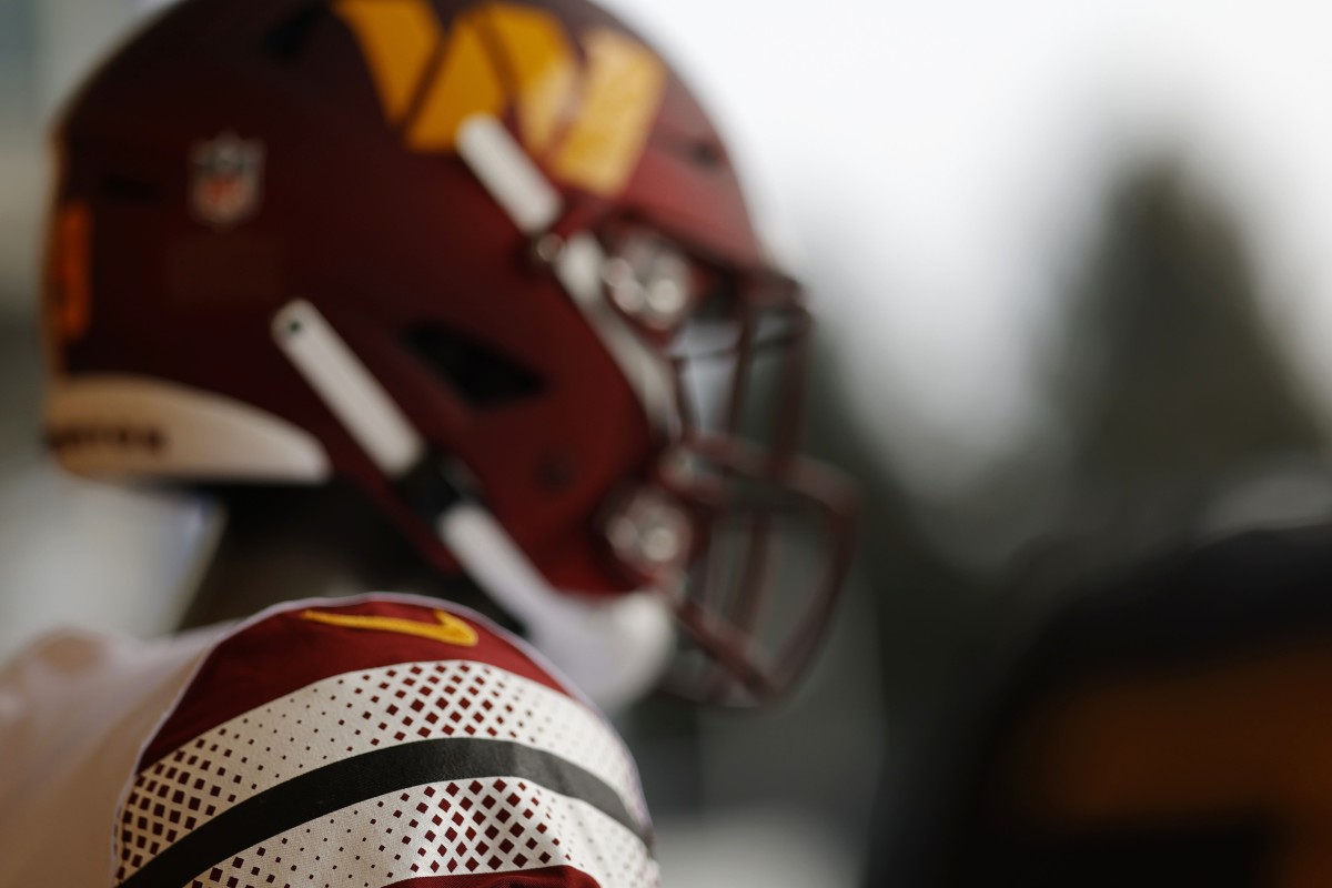 A detailed view of a new uniform during a press conference revealing the Washington Commanders as the new name for the formerly named Washington Football Team at FedEx Field.