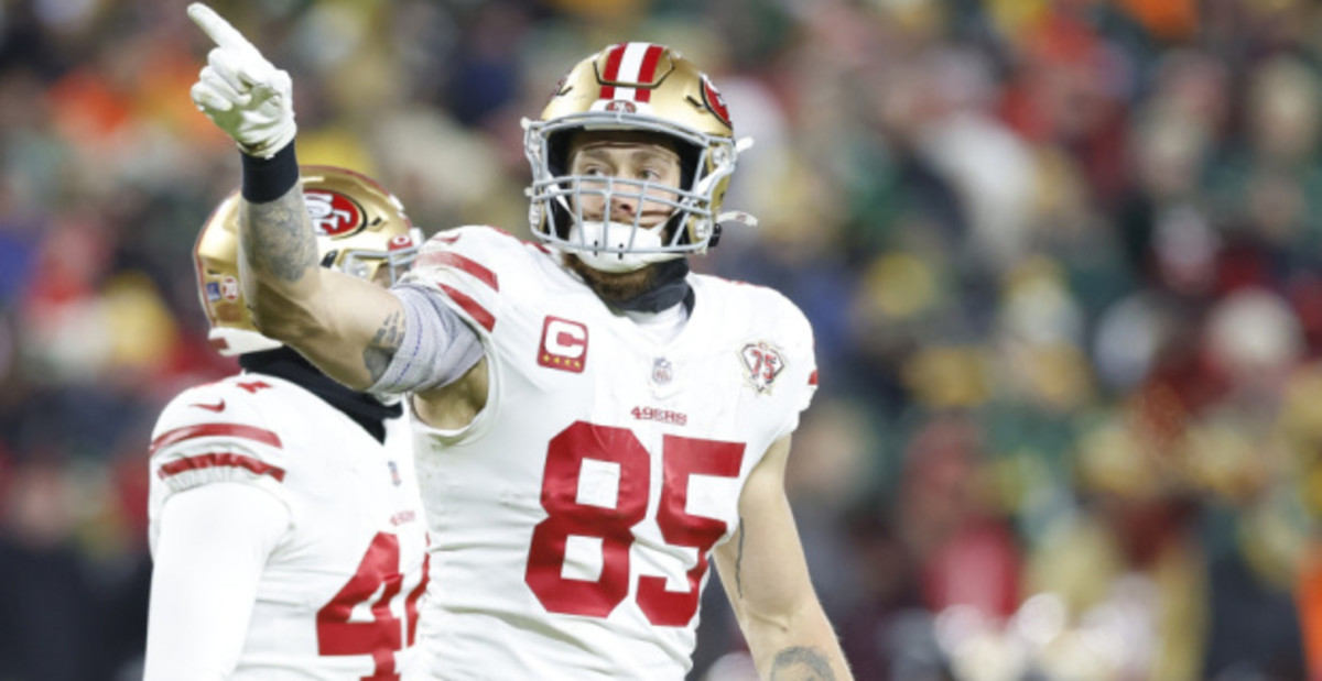 San Francisco 49ers tight end George Kittle celebrates a play during a game in the NFL Playoffs.