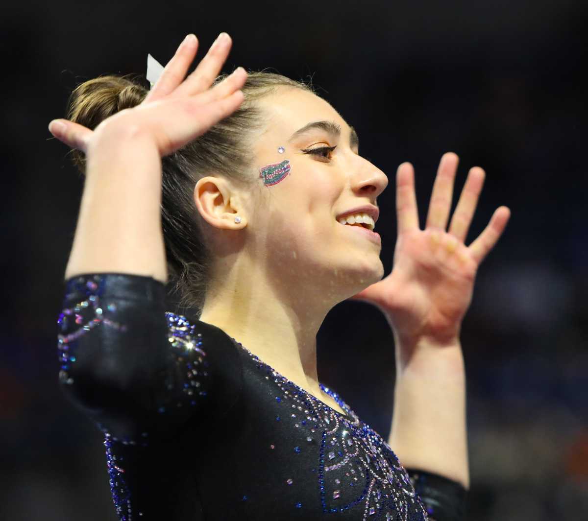 University of Florida gymnast Leah Clapper performs her floor routine during the opening meet of the year at the Exactech Arena in Gainesville Jan 7, 2022.