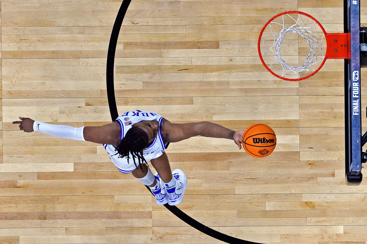 Apr 2, 2022; New Orleans, LA, USA; Duke Blue Devils guard Trevor Keels (1) shoots the ball during the second half against the North Carolina Tar Heels in the 2022 NCAA men's basketball tournament Final Four semifinals at Caesars Superdome.