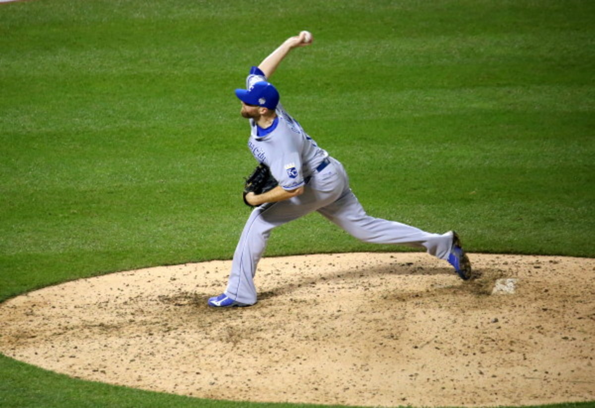 Wade Davis, shown here making the final pitch of the 2015 World Series with the Royals. 