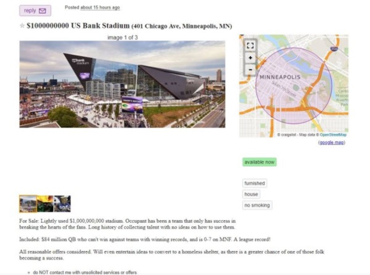 Irritated Vikings fan puts US Bank Stadium for sale on Craigslist - Sports  Illustrated Minnesota Sports, News, Analysis, and More