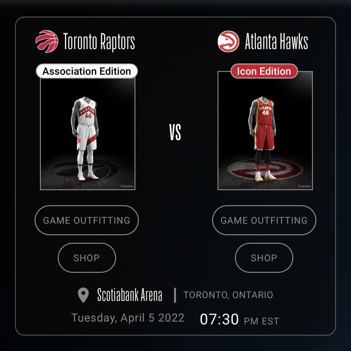 Uniforms worn by the Toronto Raptors and Atlanta Hawks on April 5, 2022.