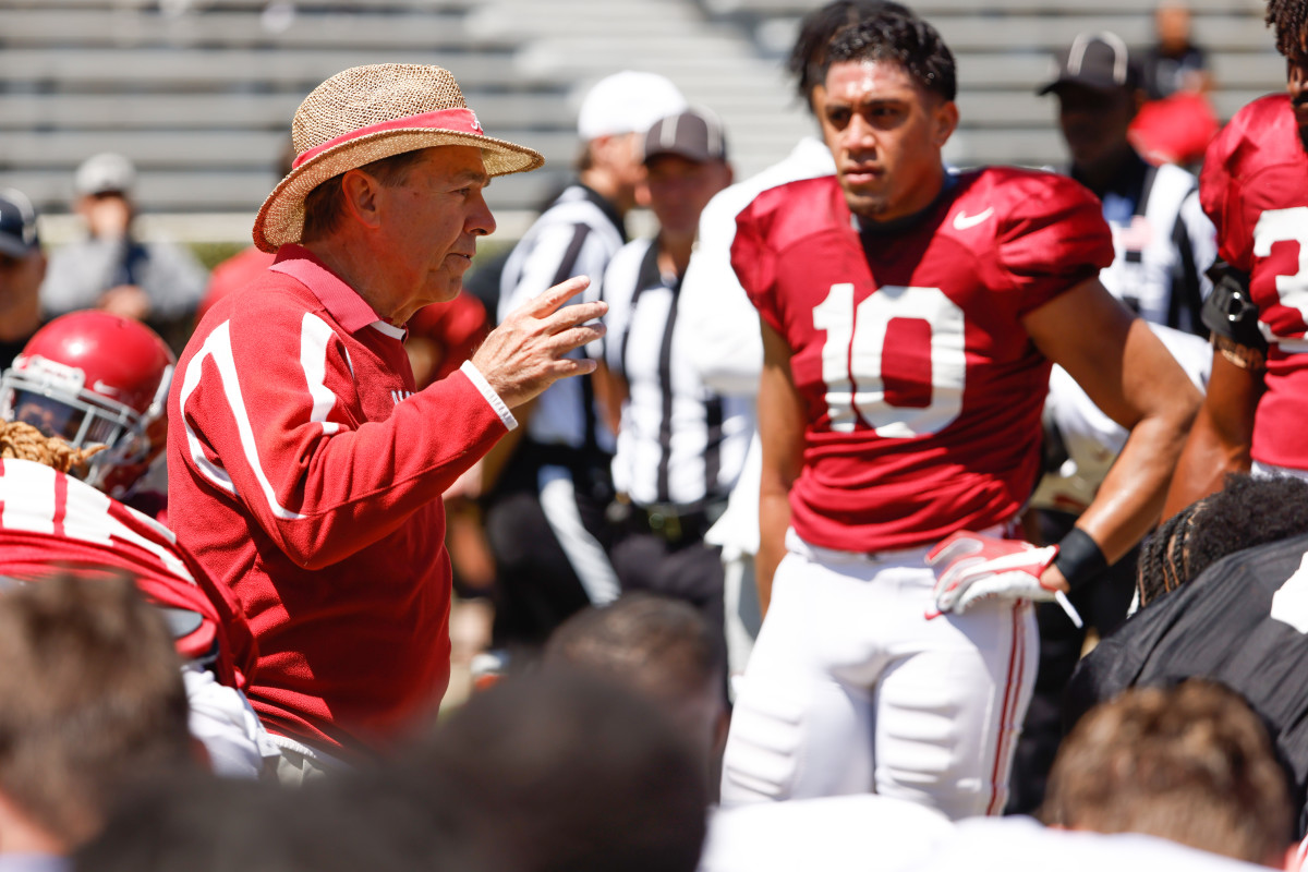 Nick Saban and Henry To'oTo'o, Alabama scrimmage 4/9/22