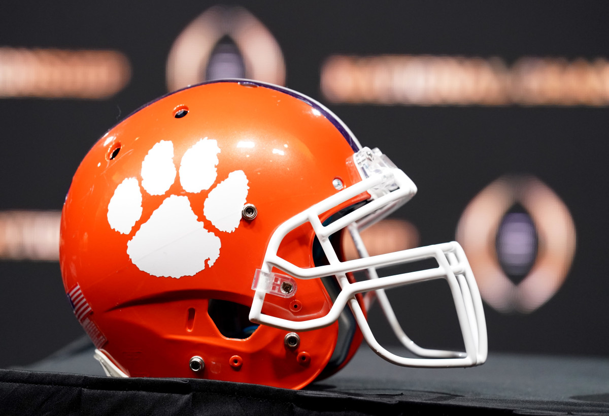 Jan 12, 2020; New Orleans, Louisiana, USA; A Clemson Tigers helmet on display before the head coaches press conference for the CFP with LSU Tigers head coach Ed Orgeron and Clemson Tigers head coach Dabo Swinney at the Sheraton New Orleans, Grand Ballroom. Mandatory Credit: John David Mercer-USA TODAY Sports