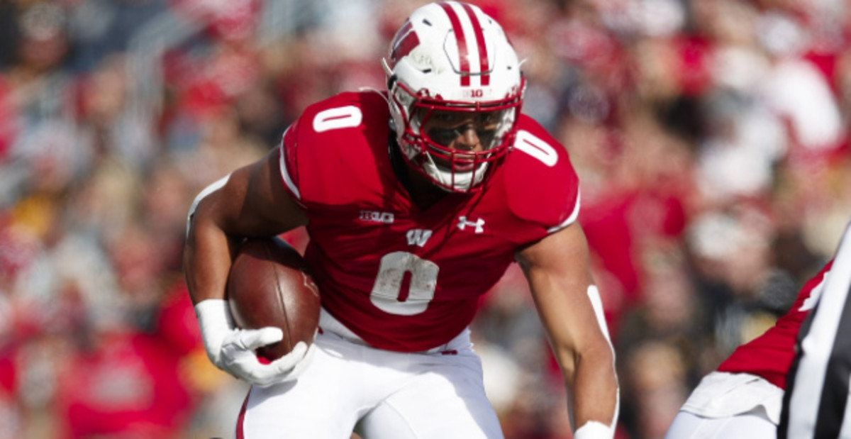 Wisconsin Badgers running back Braelon Allen in action during a college football game in the Big Ten.