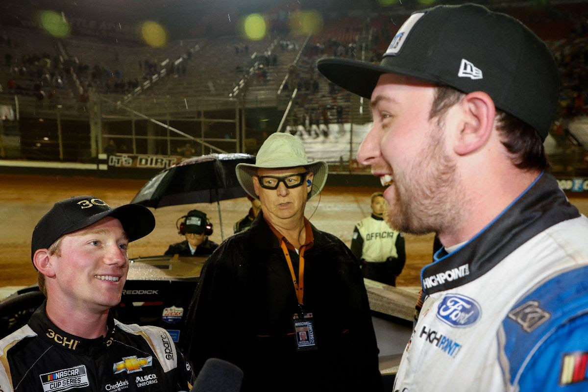 Tyler Reddick, left, shows what being a good sport and class act is after last-lap incident at Bristol with Chase Briscoe (photo courtesy Bristol Motor Speedway).