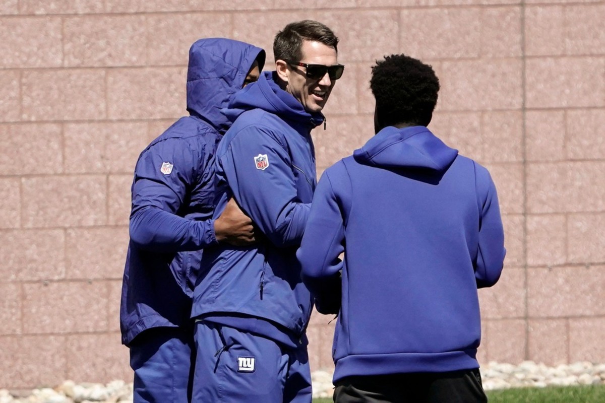 New York Giants wide receiver Sterling Shepard, left, jokes around with general manager Joe Schoen, center, as assistant general manager Brandon Brown looks on during voluntary minicamp at the Quest Diagnostics Training Center in East Rutherford on Wednesday, April 20, 2022.