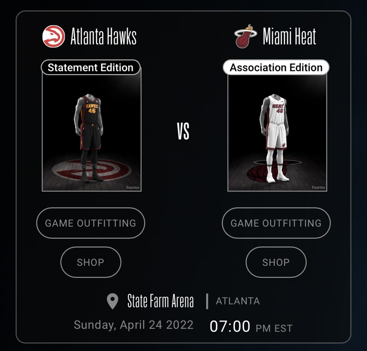 Uniforms worn by Atlanta Hawks and Miami Heat on Sunday, April 24, 2022.