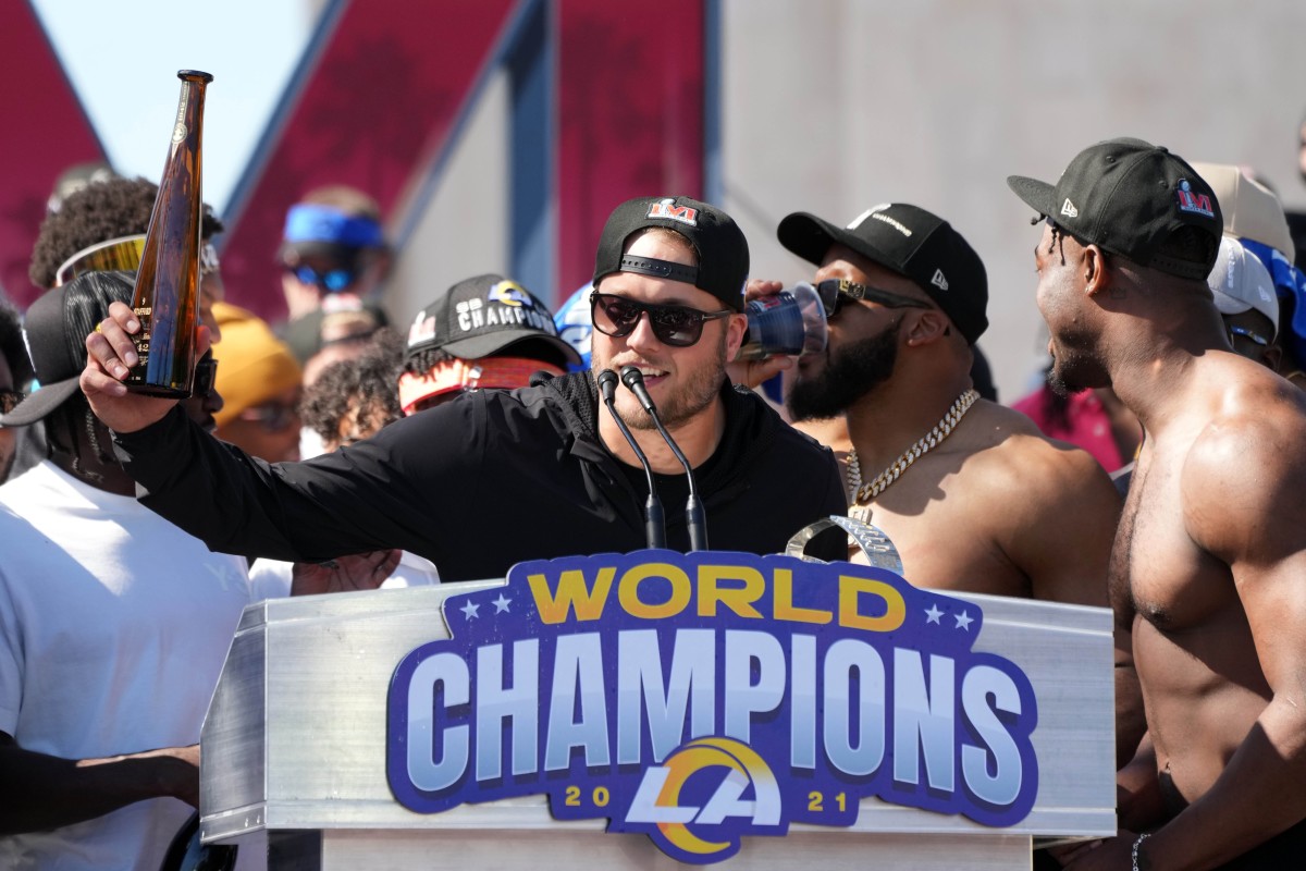 Feb 16, 2022; Los Angeles, CA, USA; Los Angeles Rams quarterback Matthew Stafford during Super Bowl LVI championship rally at the Los Angeles Memorial Coliseum. Mandatory Credit: Kirby Lee-USA TODAY Sports