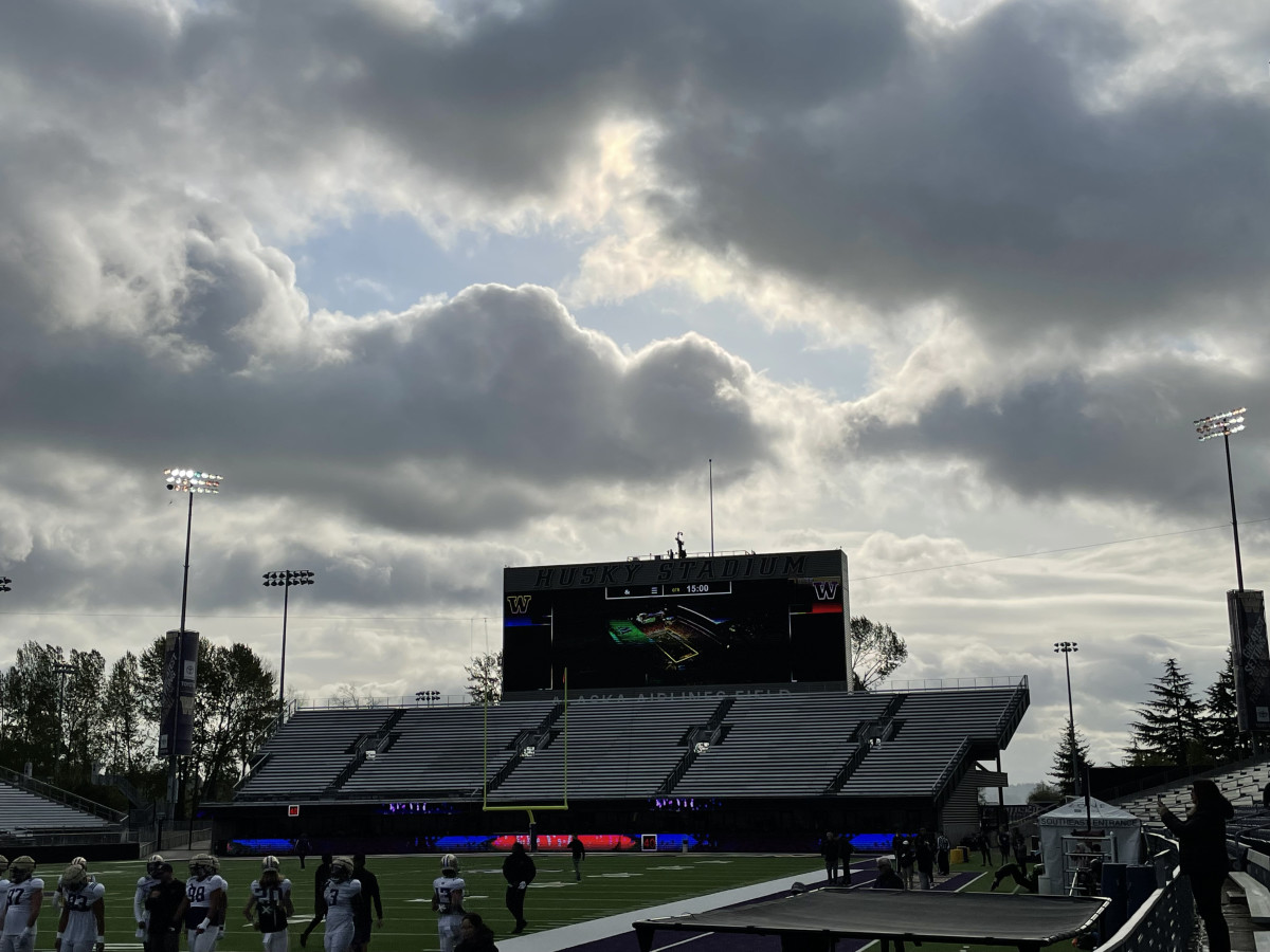 Spring practice was chilly with clouds blanketing Husky Stadium.