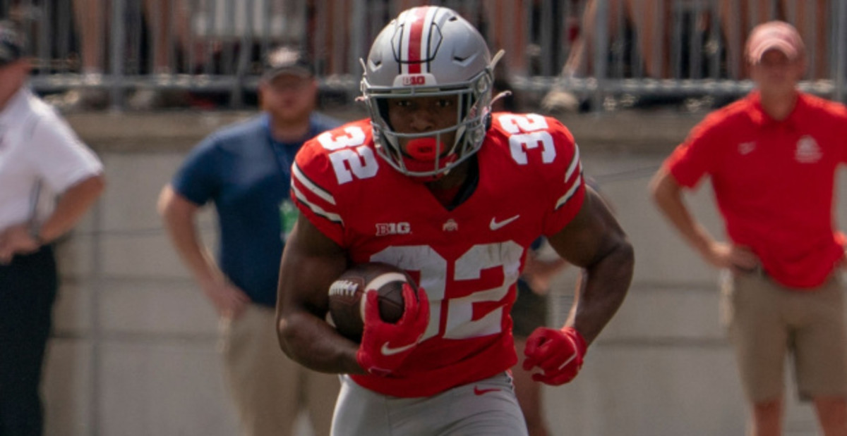 Ohio State Buckeyes running back TreVeyon Henderson on a rushing attempt during a college football game in the Big Ten.