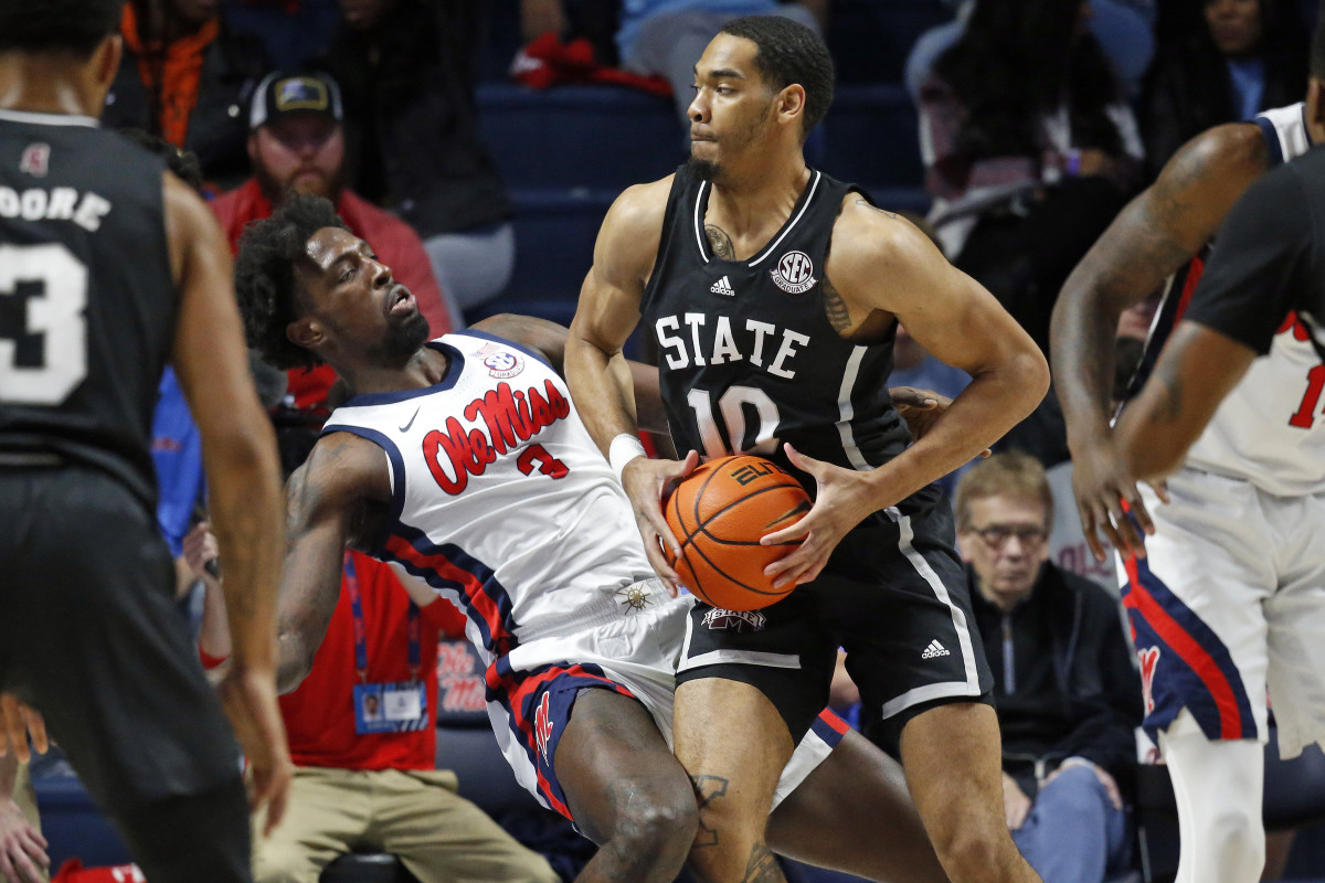 Mississippi State Bulldogs forward Garrison Brooks (10) drives to the basket aagainst Mississippi Rebels center Nysier Brooks (3) during the first half at The Sandy and John Black Pavilion at Ole Miss.