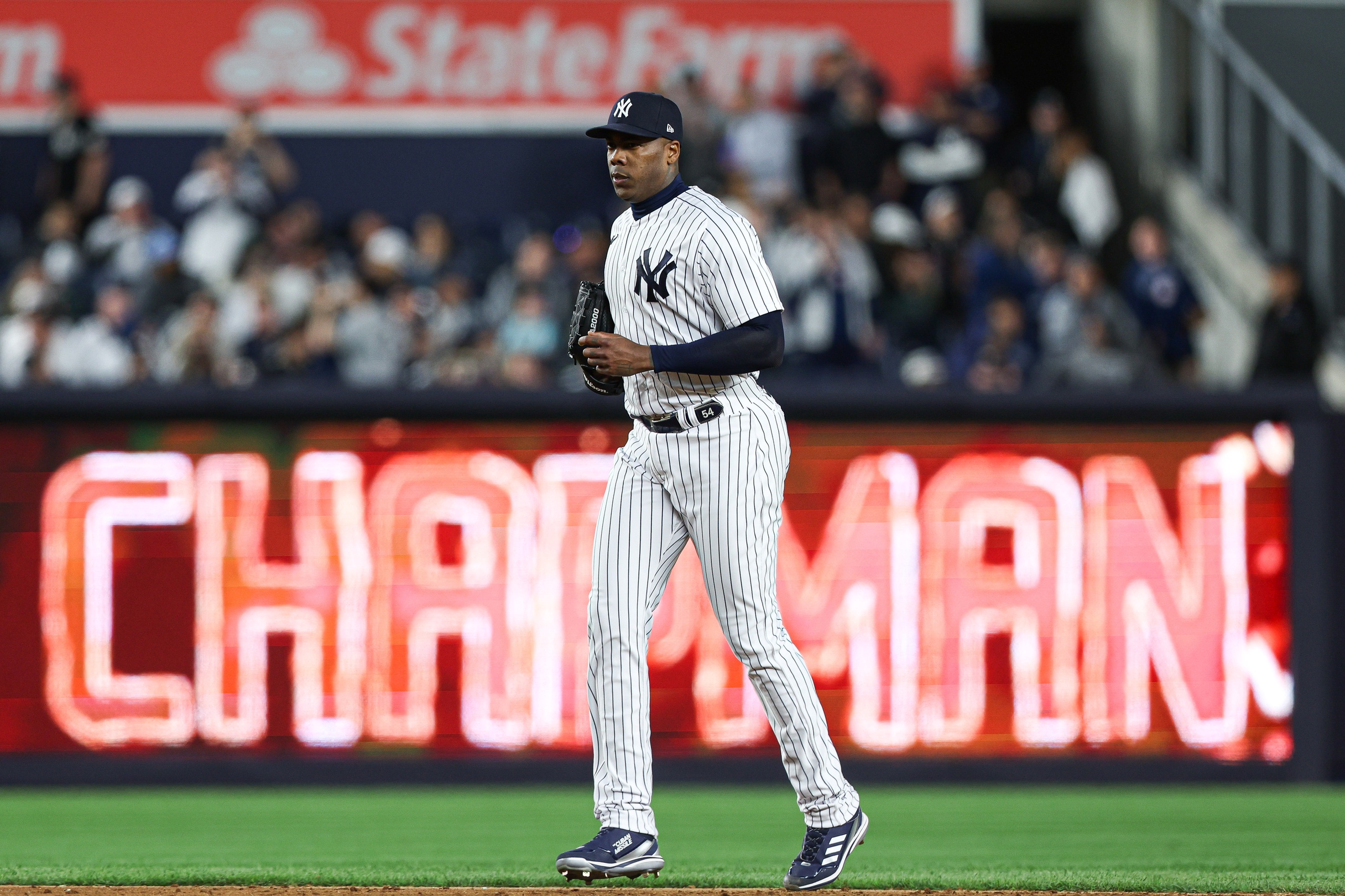 New York Yankees Aroldis Chapman shows his 2016 World Series Championship  Ring before the game against the Chic…