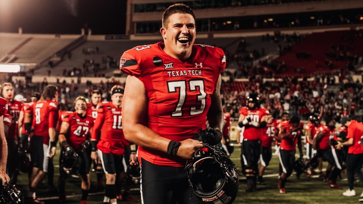 Dawson Deaton #OL08 of the Texas Tech runs a drill during the NFL News  Photo - Getty Images