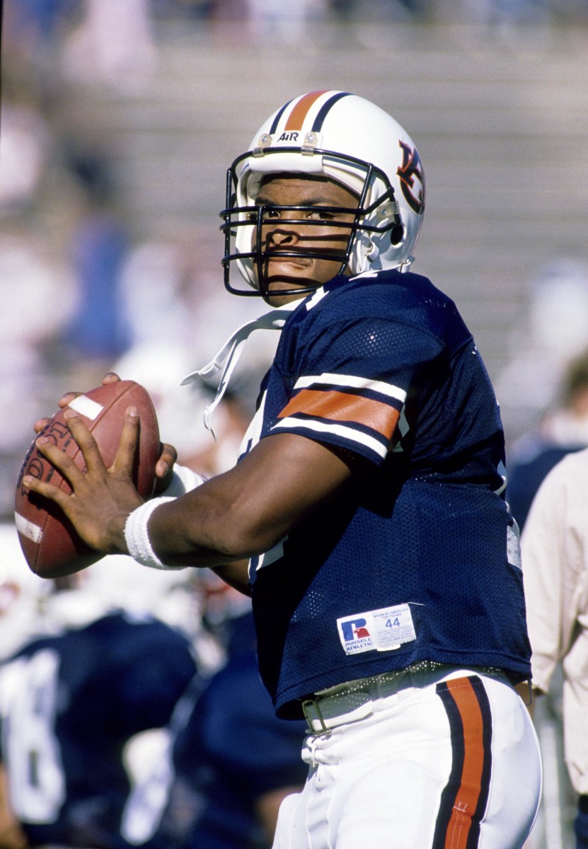 Oct 15, 1988; Auburn, AL, USA; FILE PHOTO; Auburn Tigers quarterback Reggie Slack (17) throws the ball before before the 1988 season game against the Akron Zips at Jordan Hare Stadium.