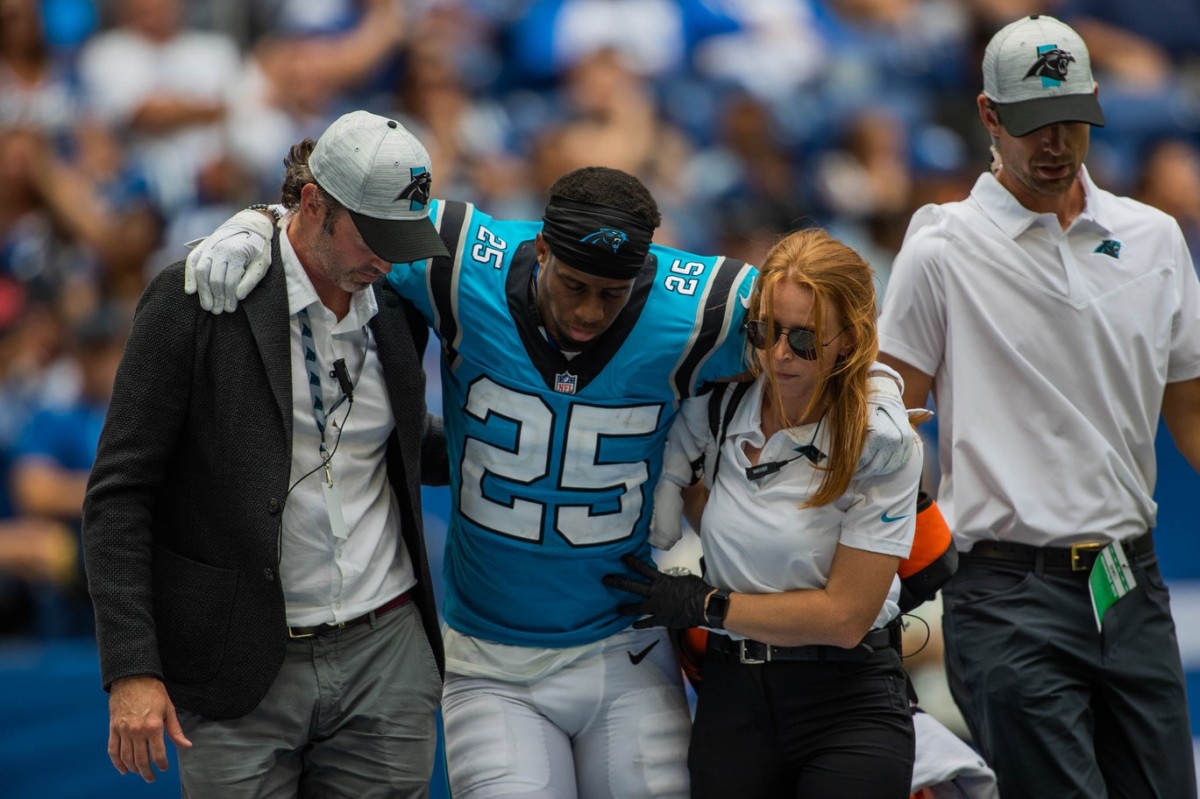 Troy Pride Jr. #25 of the Carolina Panthers drops into coverage