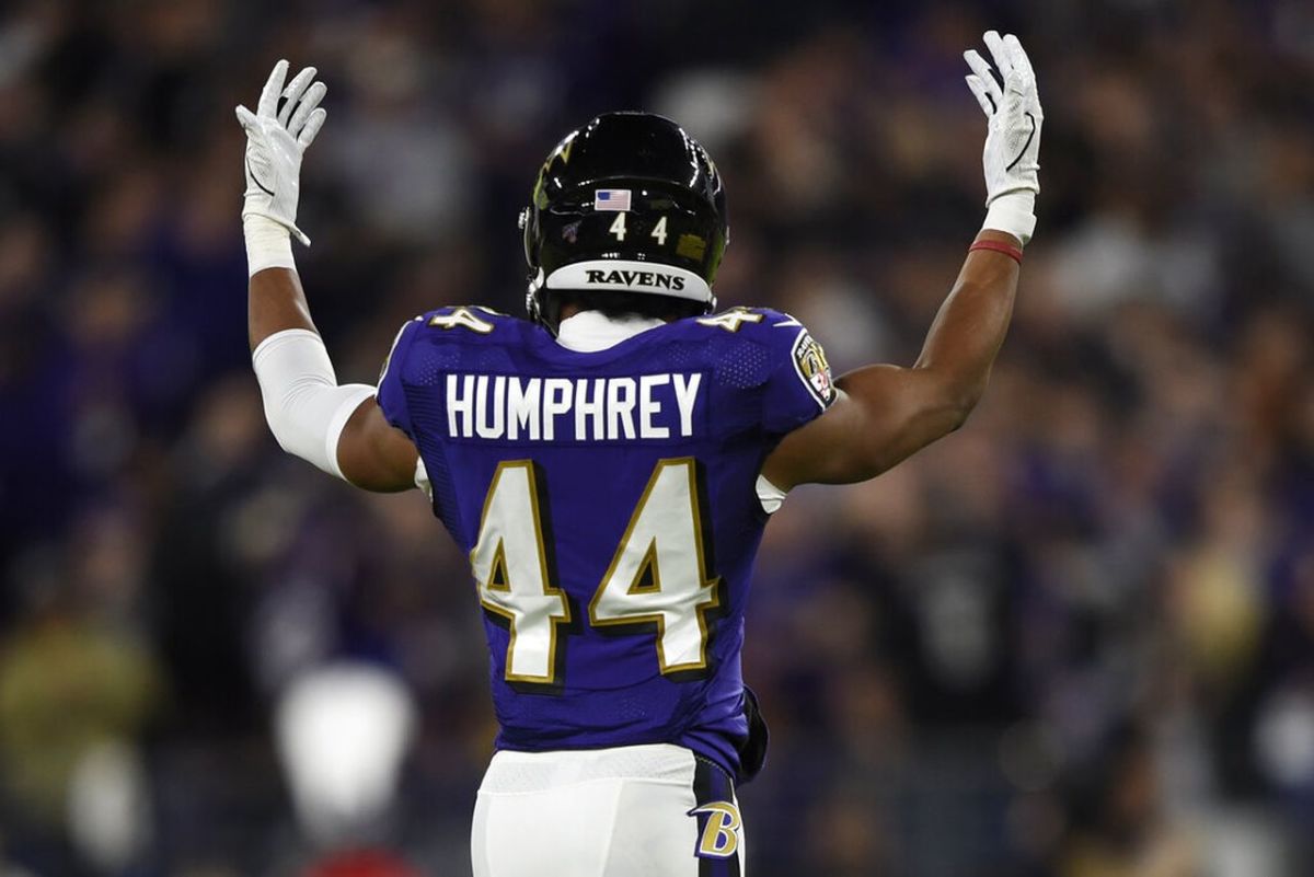 Baltimore Ravens cornerback Marlon Humphrey (44) warms up before an NFL  football game against the Kansas City Chiefs, Monday, Sept. 28, 2020, in  Baltimore. (AP Photo/Nick Wass Stock Photo - Alamy