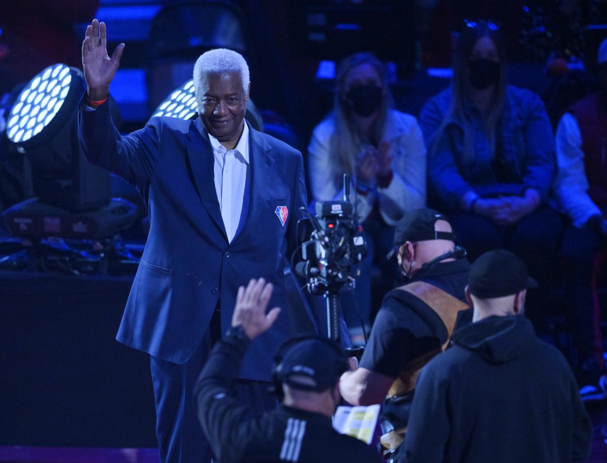 Feb 20, 2022; Cleveland, Ohio, USA; Oscar Robertson at halftime during the 2022 NBA All-Star Game at Rocket Mortgage FieldHouse. Mandatory Credit: Kyle Terada-USA TODAY Sports