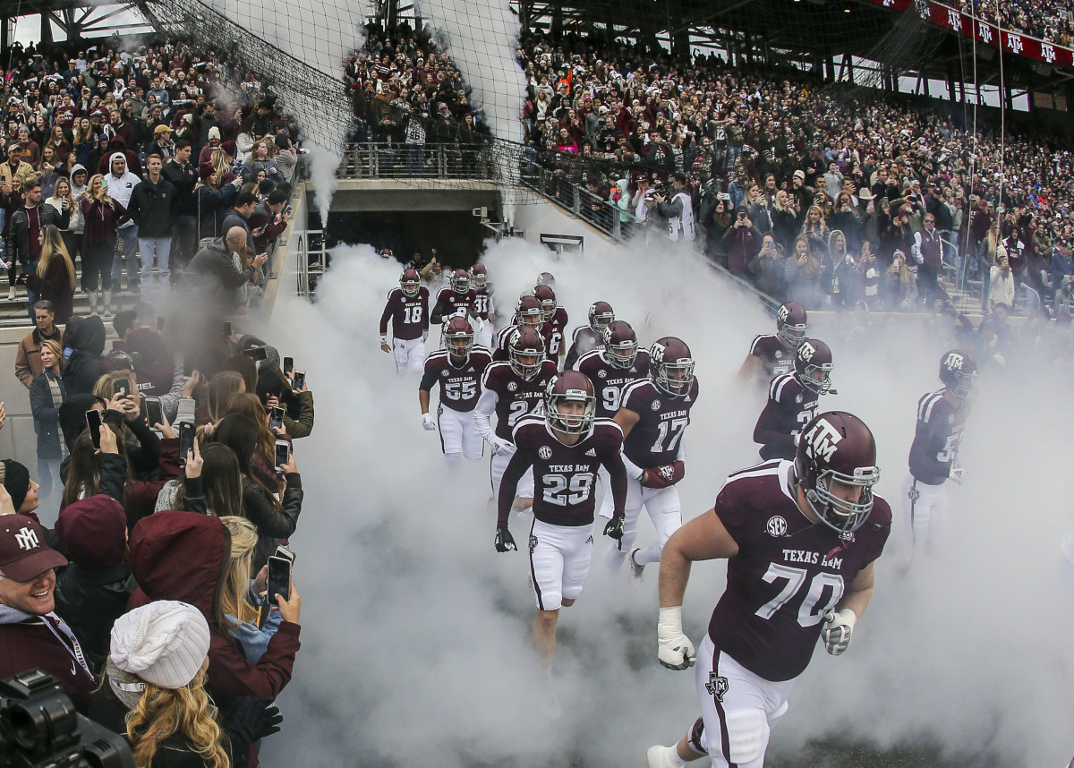 Nov 10, 2018; College Station, TX, USA; Texas A&M Aggies players run onto the field before a game against the Mississippi Rebels at Kyle Field. Mandatory Credit: Troy Taormina-USA TODAY Sports