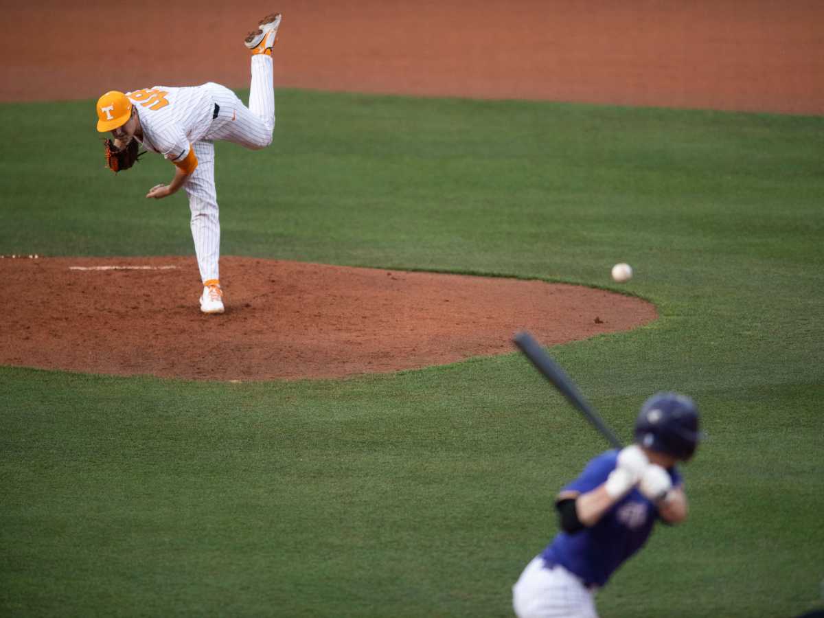 Tennessee pitcher Zander Sechrist (48) pitches against Tennesee Tech's Ed Johnson (9) during the NCAA baseball game at Smokies Stadium in Sevierville, Tenn. on Tuesday, April 12, 2022. Kns Ut Base Tn Tech