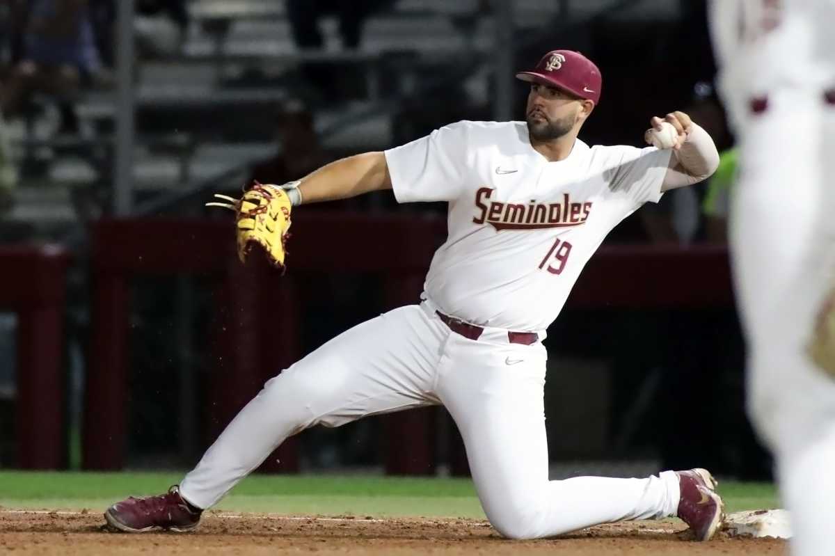 Florida State first baseman Alex Toral (19) winds up to throw against Jacksonville on Tuesday. Alex Toral