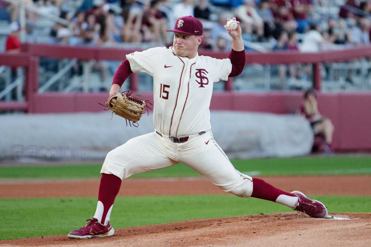 Florida State pitcher Parker Messick (15) warms up pitching. The Florida State Seminoles defeated the Samford Bulldogs 7-0 on Friday, Feb. 25, 2022. Fsu Baseball Edits002