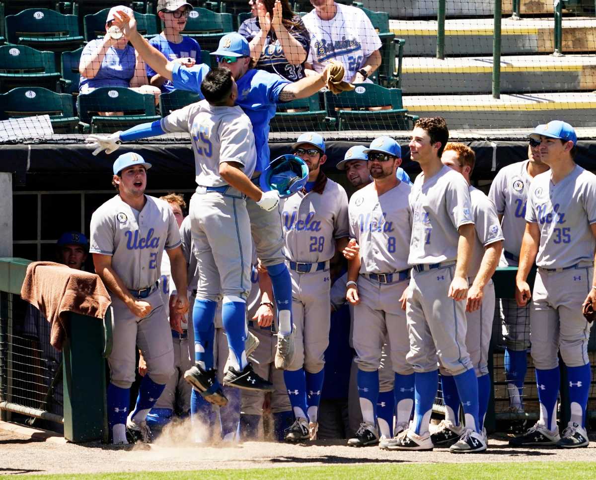 May 29, 2021; Phoenix, Arizona, USA; UCLA's Noah Cardenas (25) reacts after hitting a home run against Arizona St. in the third inning at Phoenix Municipal Stadium. Mandatory Credit: Rob Schumacher-Arizona Republic Ncaa Baseball Ucla At Arizona State