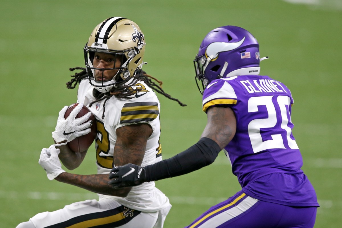 New Orleans Saints receiver Marquez Callaway (12) is defended by Vikings cornerback Jeff Gladney (20). Mandatory Credit: Chuck Cook-USA TODAY Sports