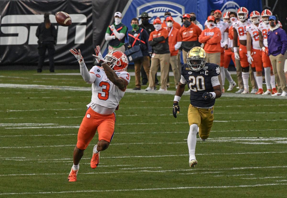 Clemson receiver Amari Rodgers (3) catches a pass for a 67-yard touchdown near Notre Dame safety Shaun Crawford (20) during the ACC Championship. Mandatory Credit: Ken Ruinard-USA TODAY 