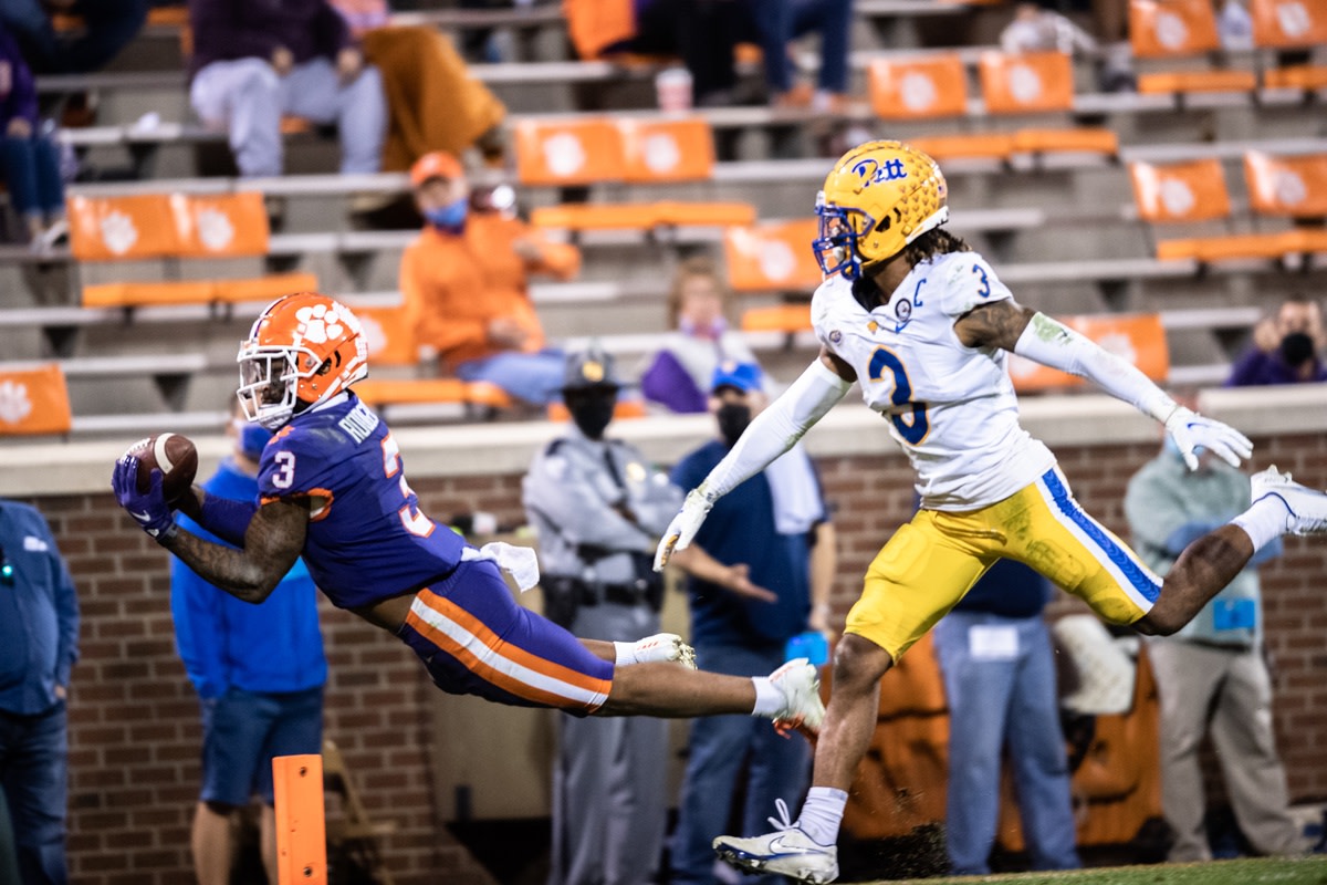 Clemson receiver Amari Rodgers (3) dives into the end zone defended by Pitt defensive back Damar Hamlin (3) for a touchdown. Mandatory Credit: Ken Ruinard-USA TODAY