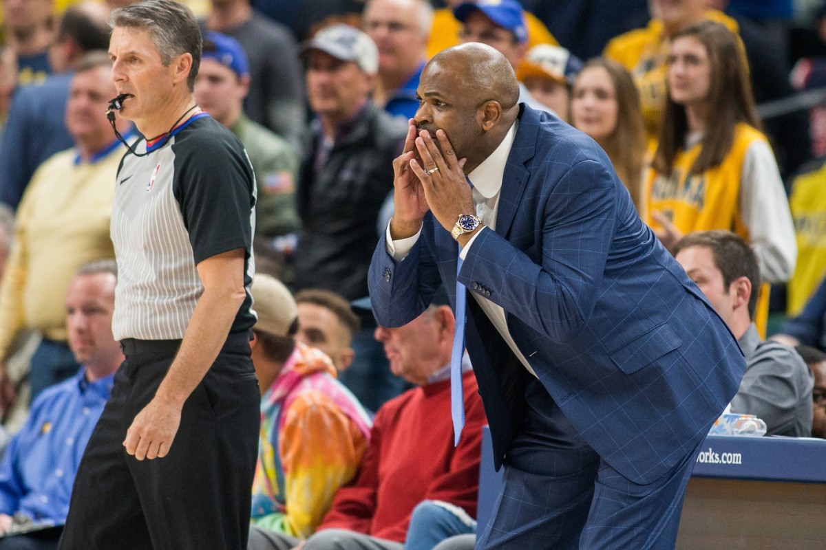 Former Pacers coach Nate McMillan barks out instructions during a game at Bankers Life Fieldhouse. (USA TODAY Sports)