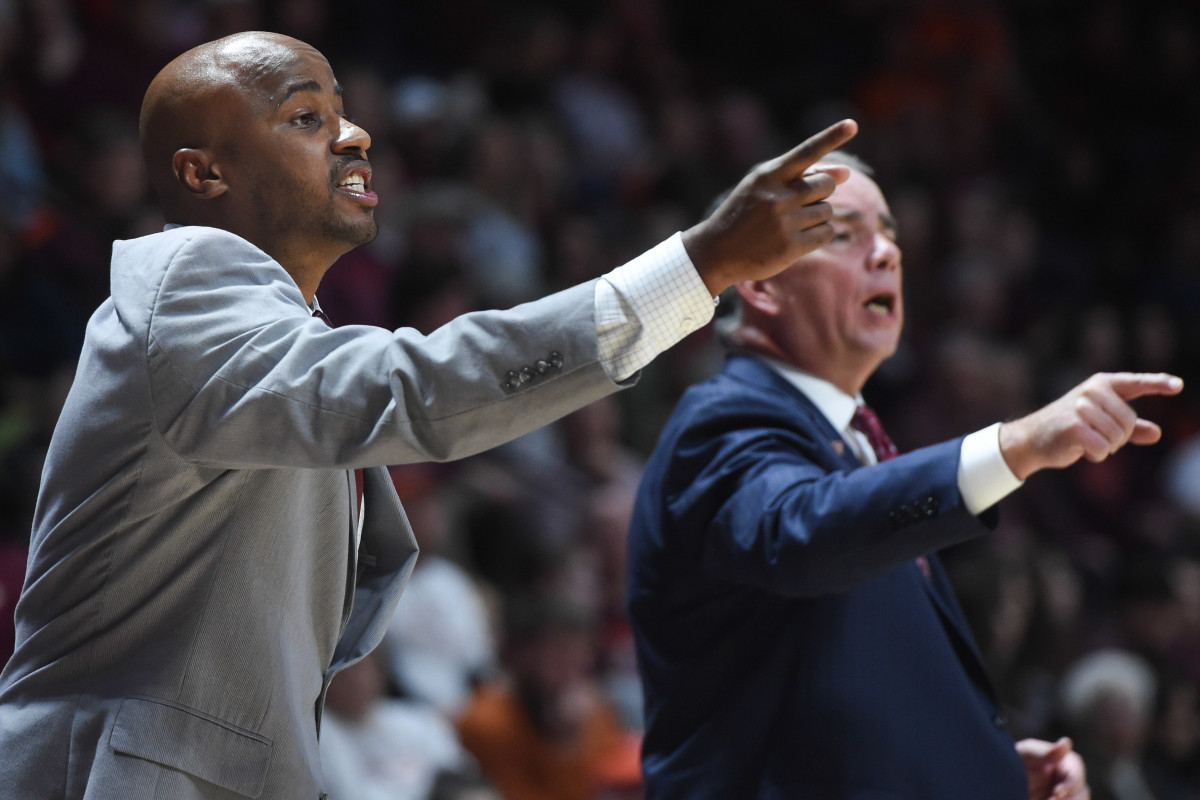 Virginia Tech Hokies assistant coach Chester Frazier instructs his team during a 2019 game against the Lehigh Mountain Hawks at Cassell Coliseum.