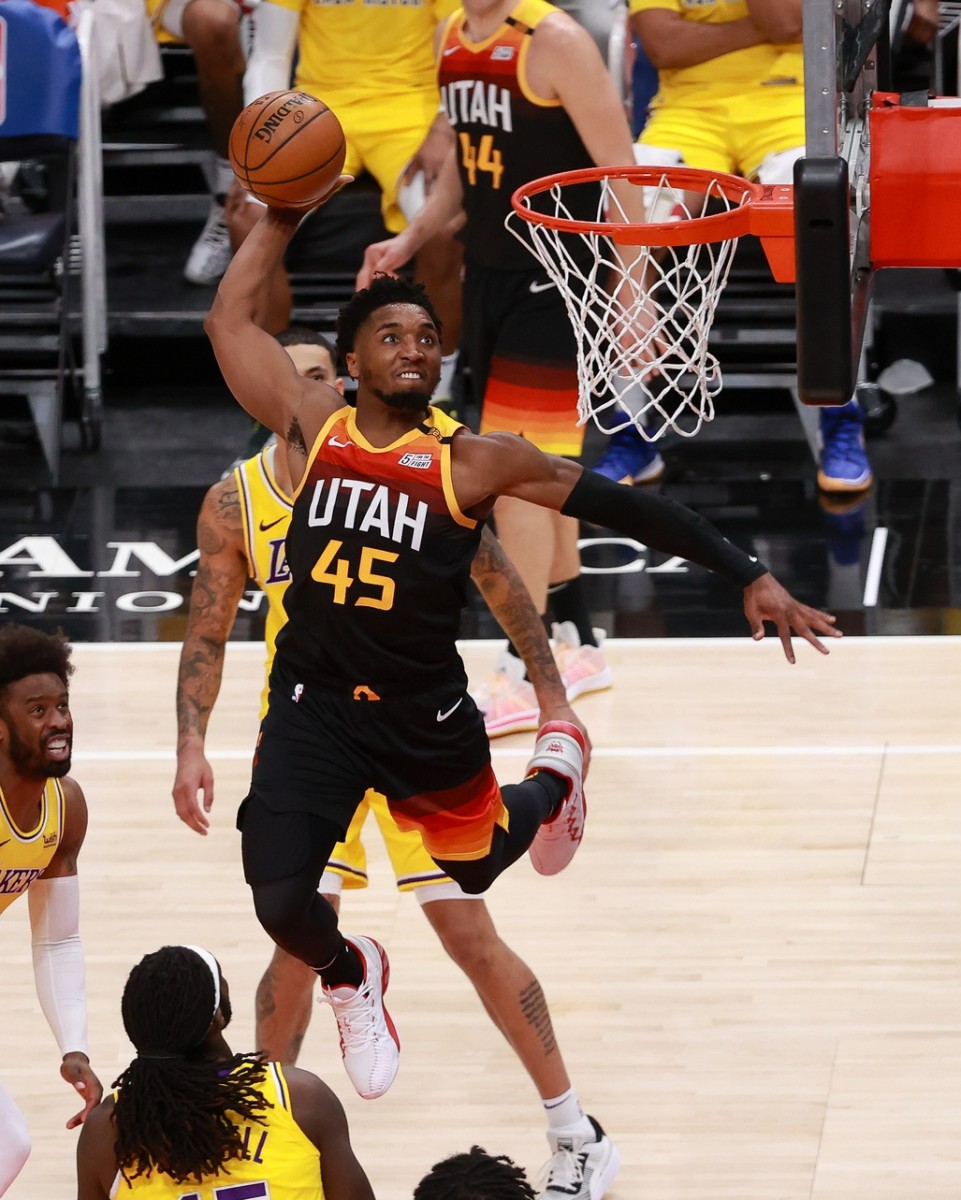 Donovan Mitchell (45) with a ferocious dunk against the Los Angeles Lakers