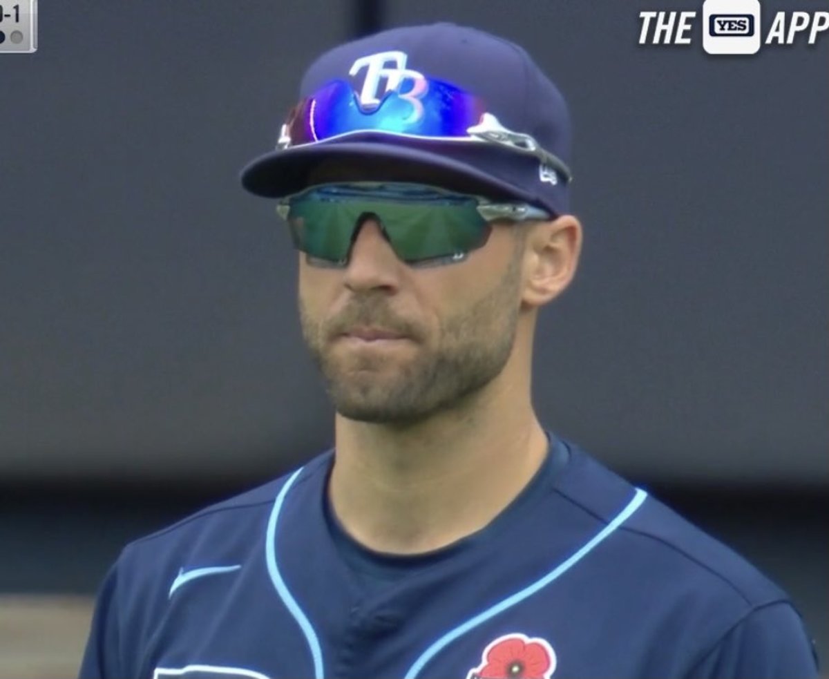 Kevin Kiermaier wearing sunglasses, with another pair on top of his hat