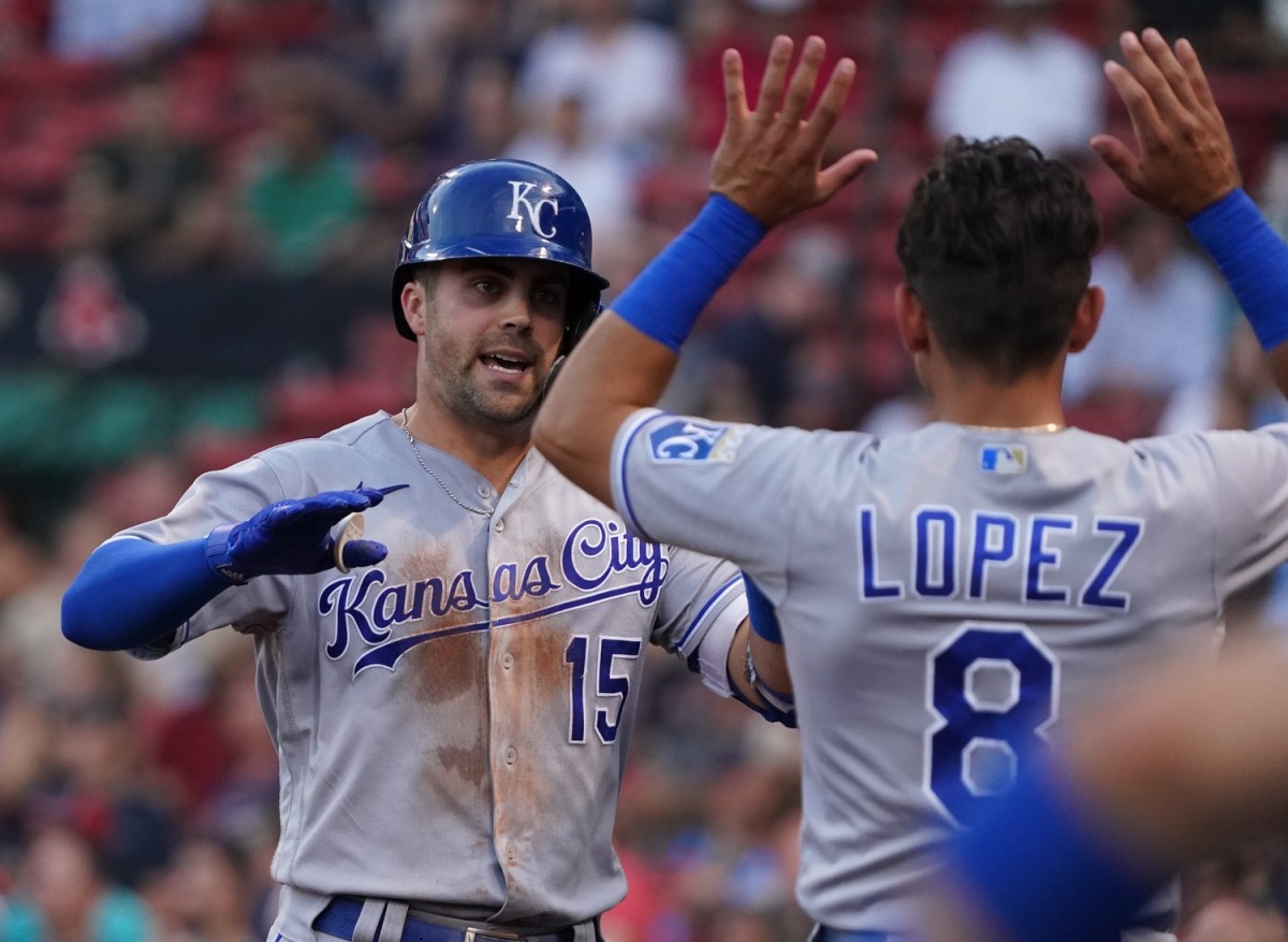 Jun 28, 2021; Boston, Massachusetts, USA; Kansas City Royals right fielder Whit Merrifield (15) reacts after hitting a home run against the Boston Red Sox during the second inning at Fenway Park. Mandatory Credit: David Butler II-USA TODAY Sports