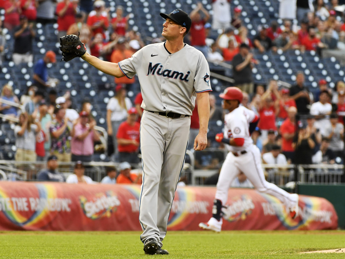 Jul 19, 2021; Washington, District of Columbia, USA; Miami Marlins relief pitcher Ross Detwiler (54) reacts after giving up a two run home run to Washington Nationals left fielder Juan Soto (22) at Nationals Park.