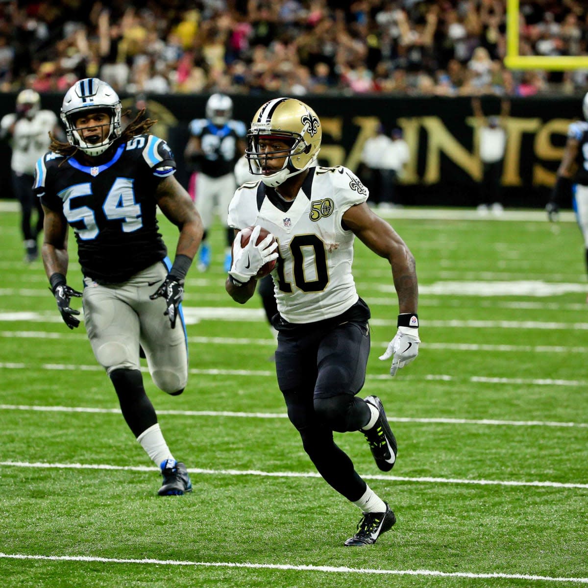 New Orleans Saints wide receiver Brandin Cooks (10) takes a Drew