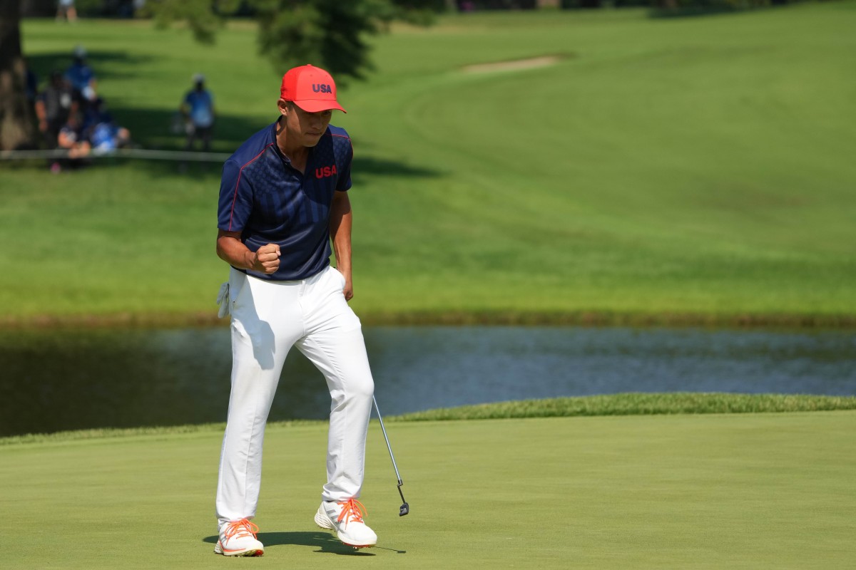 Collin Morikawa after sinking a birdie putt on his final hole of regulation. Photo by Kyle Terada, USA Today