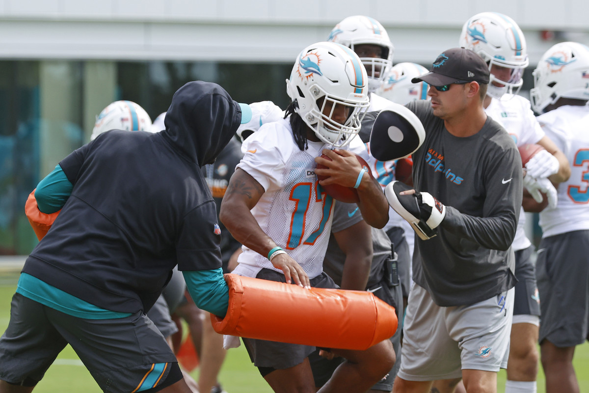 DeVante Parker of the Miami Dolphins runs a drill during practice at