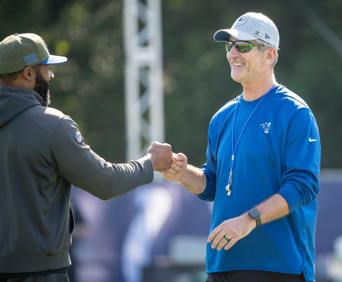 Indianapolis Colts head coach Frank Reich greets coaches at Grand Park in Westfield on Monday, August 2, 2021, on the second week of workouts of this summer's Colts training camp. Head Coach Frank Reich reappeared at practice after being away for ten days after a COVID-19 positive test. Colts Get Their Coach Back On Week Two Of Colts Camp