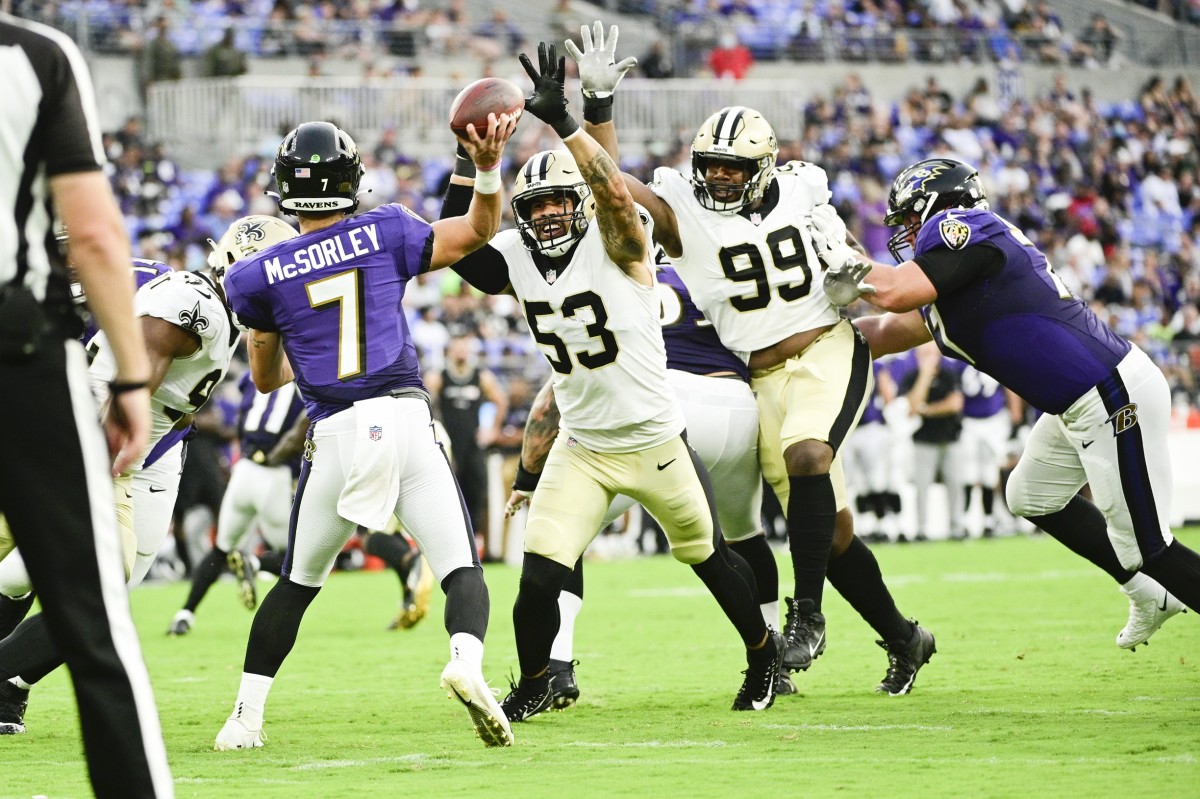 New Orleans, USA. 08th Jan, 2023. New Orleans Saints linebacker Demario  Davis (56) celebrates after making a huge play during a National Football  League contest at Caesars Superdome in New Orleans, Louisiana